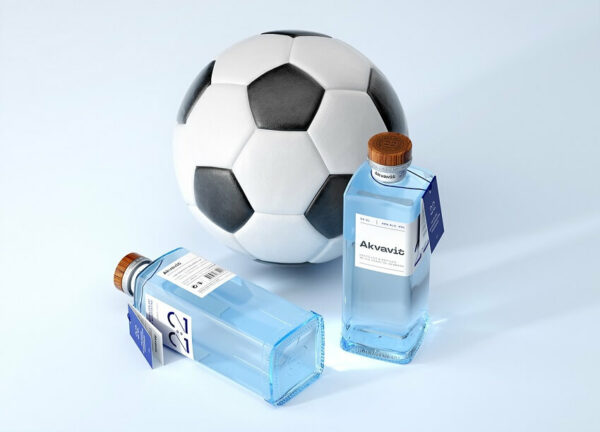 Presentation image featuring 2:2 Akvavit alongside a football ball