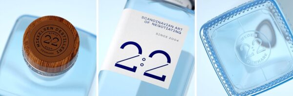 Close-up of packaging/branding design directly on 2:2 Akvavit product.