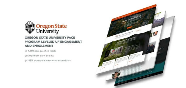 Before-and-after snapshot displaying the impact of Liz Mac Intyre's web redesign on increased engagements and enrollments.