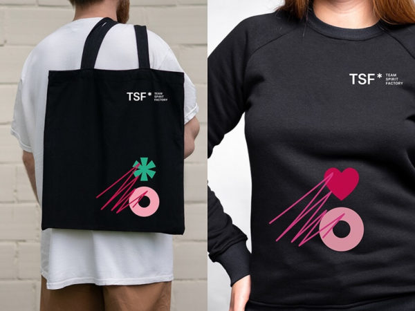 TSF Team Spirit Factory: A dynamic showcase of vibrant branding on diverse products