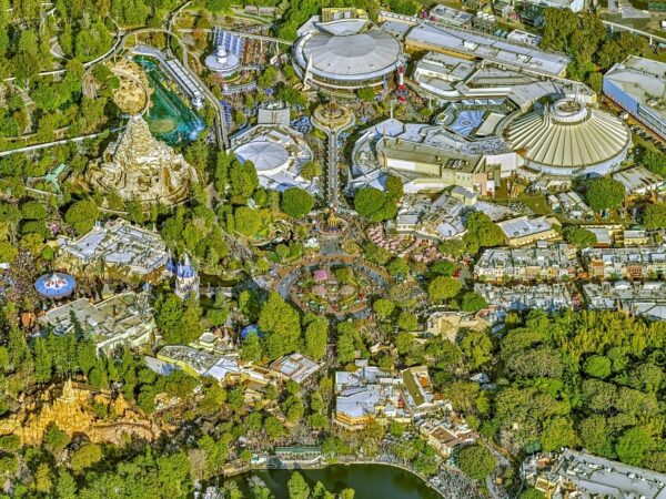 Aerial view of Disneyland and Universal Studios in Los Angeles