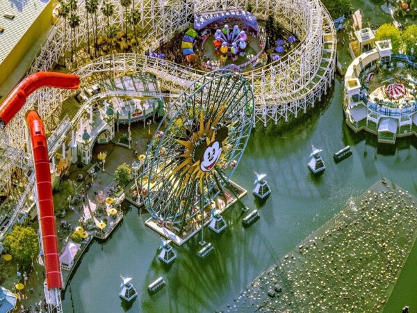 Aerial view of Disneyland and Universal Studios in Los Angeles