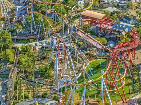 Aerial view of Disneyland and Universal Studios in Los Angeles