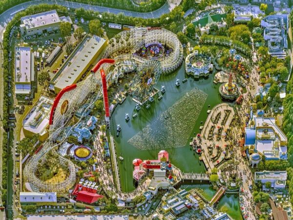 Aerial view of Disneyland and Universal Studios in Los Angeles