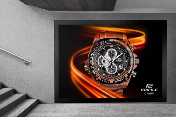 Casio Edifice Watch on a billboard, demonstrating its prowess with a vivid light trail