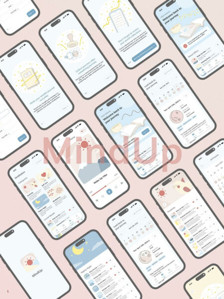 Showing UI/UX designs of MindUp on multiple mobile devices