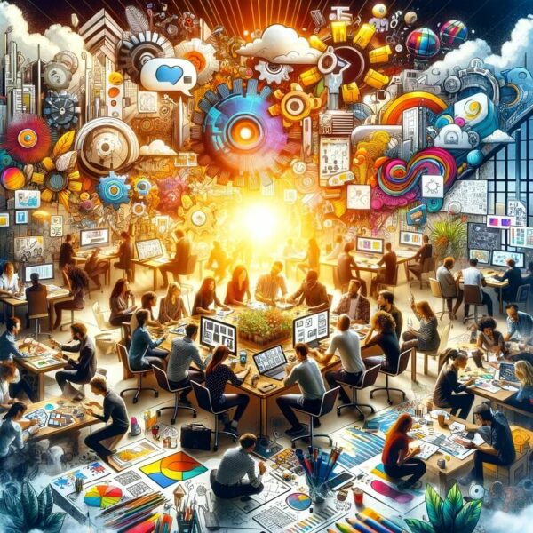 Creative designers and allied professionals collaborating in a vibrant, shared workspace