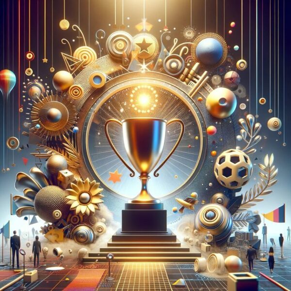 A trophy symbolizing excellence in design, surrounded by motifs of creativity and success for creative designers.