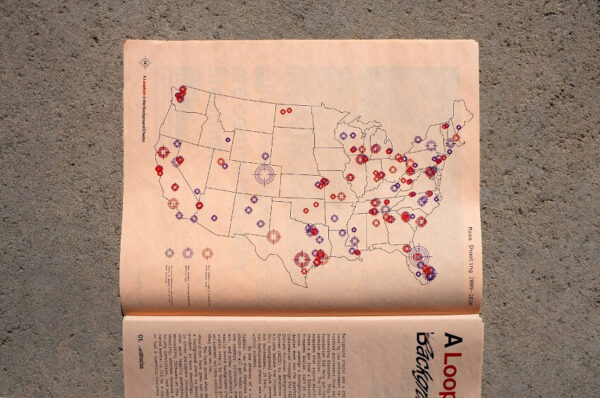 Map graphic in CONSEQUENCES Zine showcasing shootings across the United States.