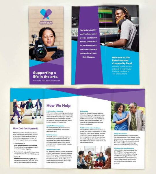 brochures, embodying the essence of the Entertainment Community Fund's rebranding journey