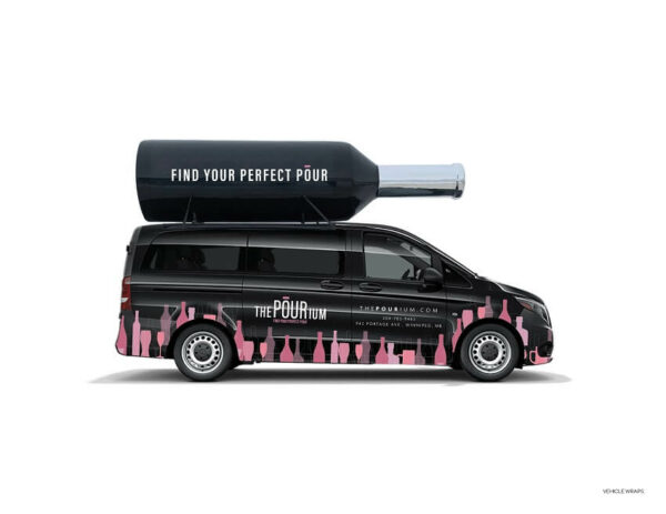 The Pourium Rebranding - Branded Vehicle: Mobile marketing with wrapped vehicle and wine bottle on top