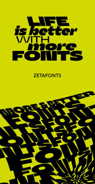 Zetafonts banner with a slogan 'Life is better with more fonts.