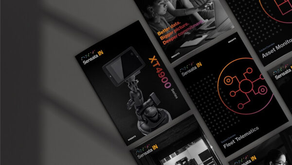 Templates for Sensata branding materials laid out for review.