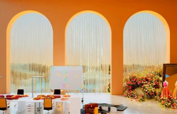 Collage of fashion sketches and architectural outlines, representing the conceptual stages of Four Typologies.