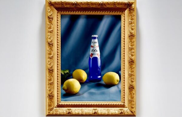 A still-life composition featuring a Kronenbourg Blanc bottle, lemons, and an ornate frame.