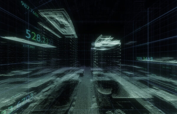 Wide-angle shot of the “Datum Line” immersive installation with lines of light and mapped projections.