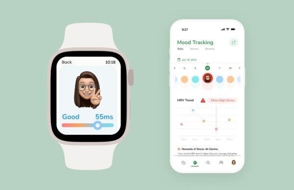 Mobile screen displaying the HEAR ME app's mood tracking feature with stress indicators