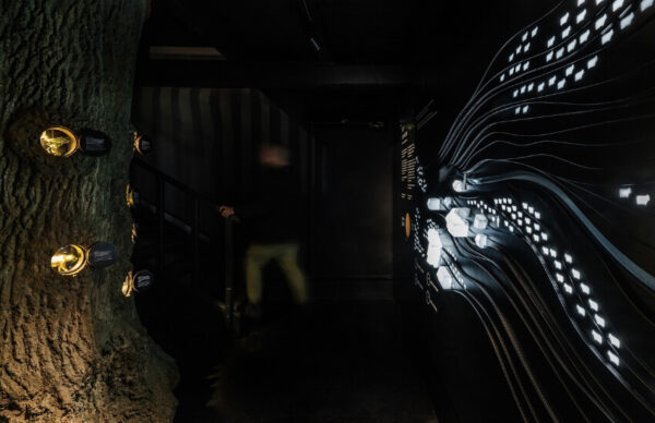 A tree with holes and bees showcases against a shiny wall in the exhibition