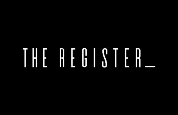 White “The Register” logo on a black background