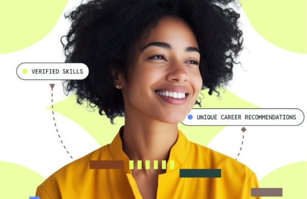 AstrumU interface showing a woman with verified skills and career recommendations