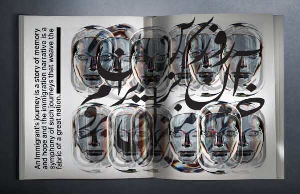 Book spread representing immigrants’ stories of memory and hope