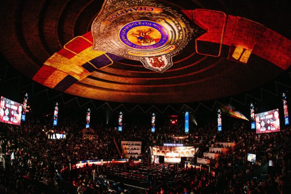 Full view of the Rajadamnern Stadium dome during the immersive show