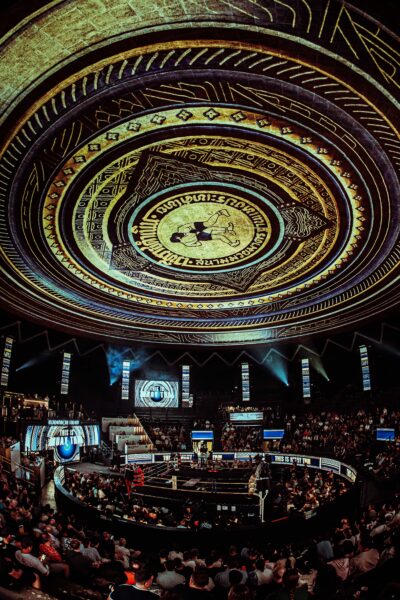 Full view of the Rajadamnern Stadium dome during the immersive show
