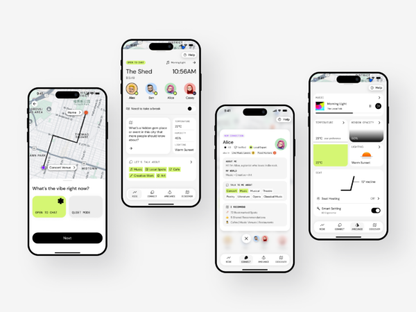 CoMove mobile app screens with community and travel features