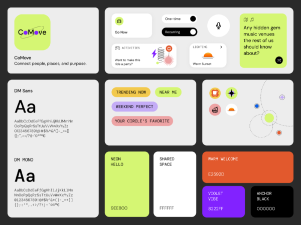 CoMove mobile UX screens with interactive in-vehicle experiences