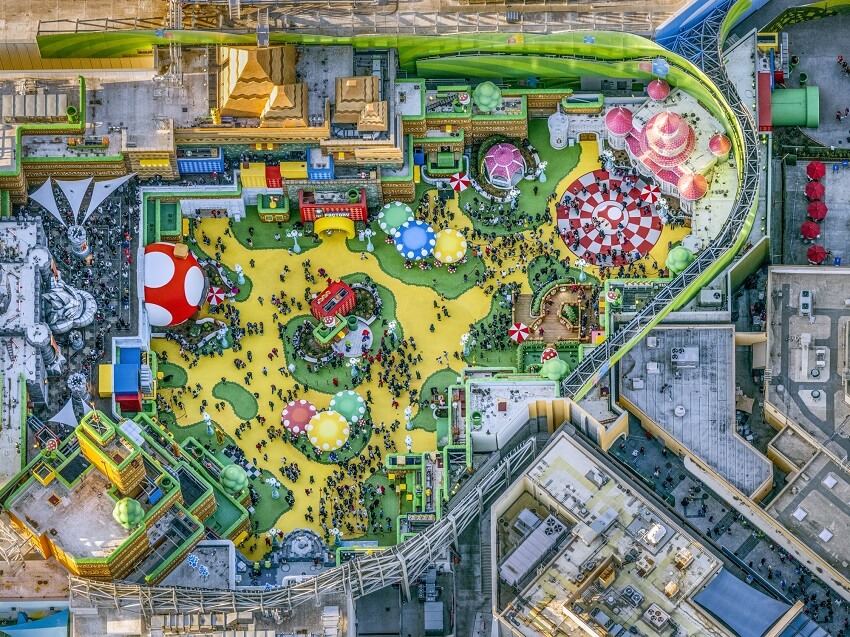 Aerial view of Disneyland and Universal Studios in Los Angeles