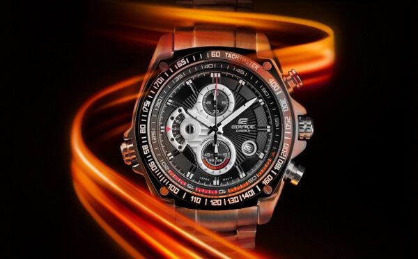 Seyed Ahmad Beheshti 's Captivating presentation of the Casio Edifice Watch, adorned with a dynamic light trail drawing