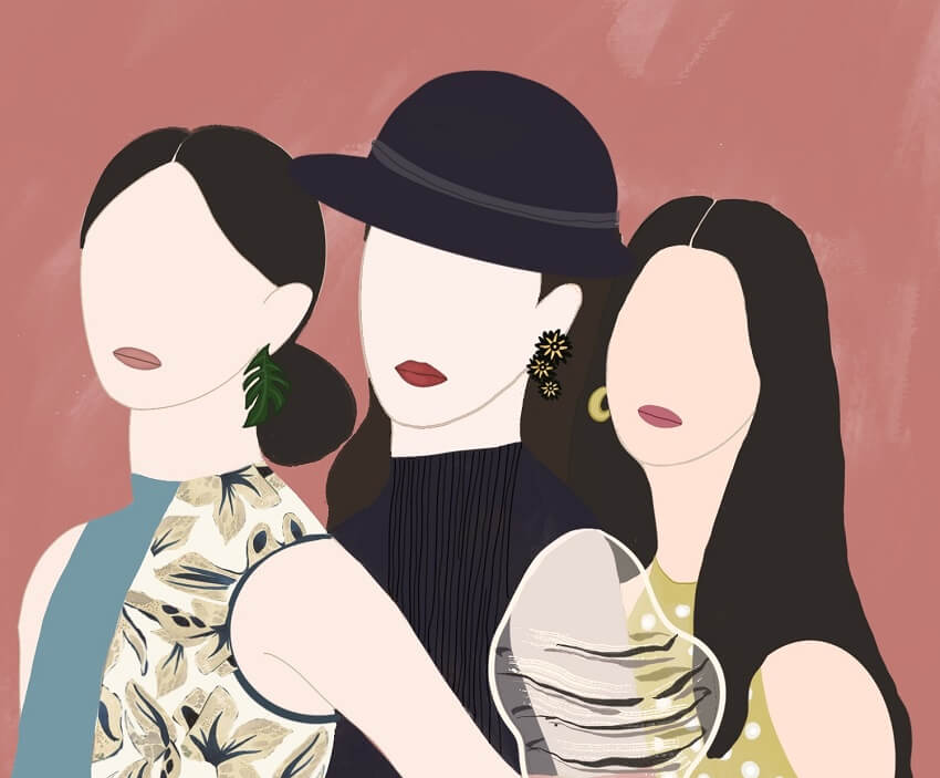 hree women in fashionable attire, showcasing natural beauty in Jiahan Fan's illustration.