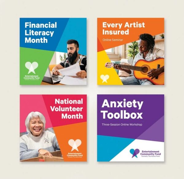 Vibrant flyers adorned with the Entertainment Community Fund's new branding