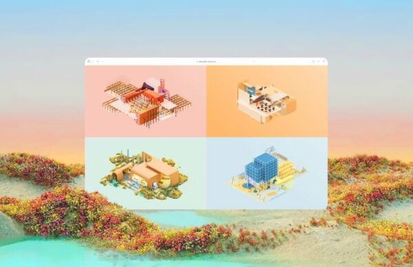 Screenshot of Four Typologies website highlighting a 3D architectural miniature with vibrant textures.