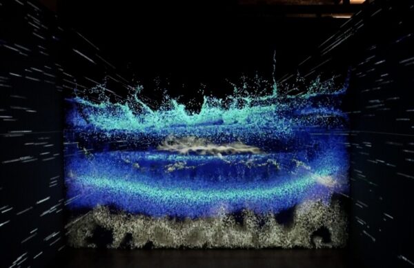 Screenshot of the VR environment for “Datum Line,” featuring fragmentary views of the planet and ocean.