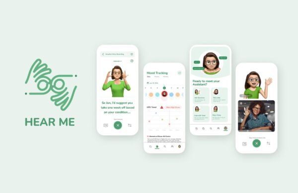 Multiple mobile screens displaying the HEAR ME app interface with logo visible