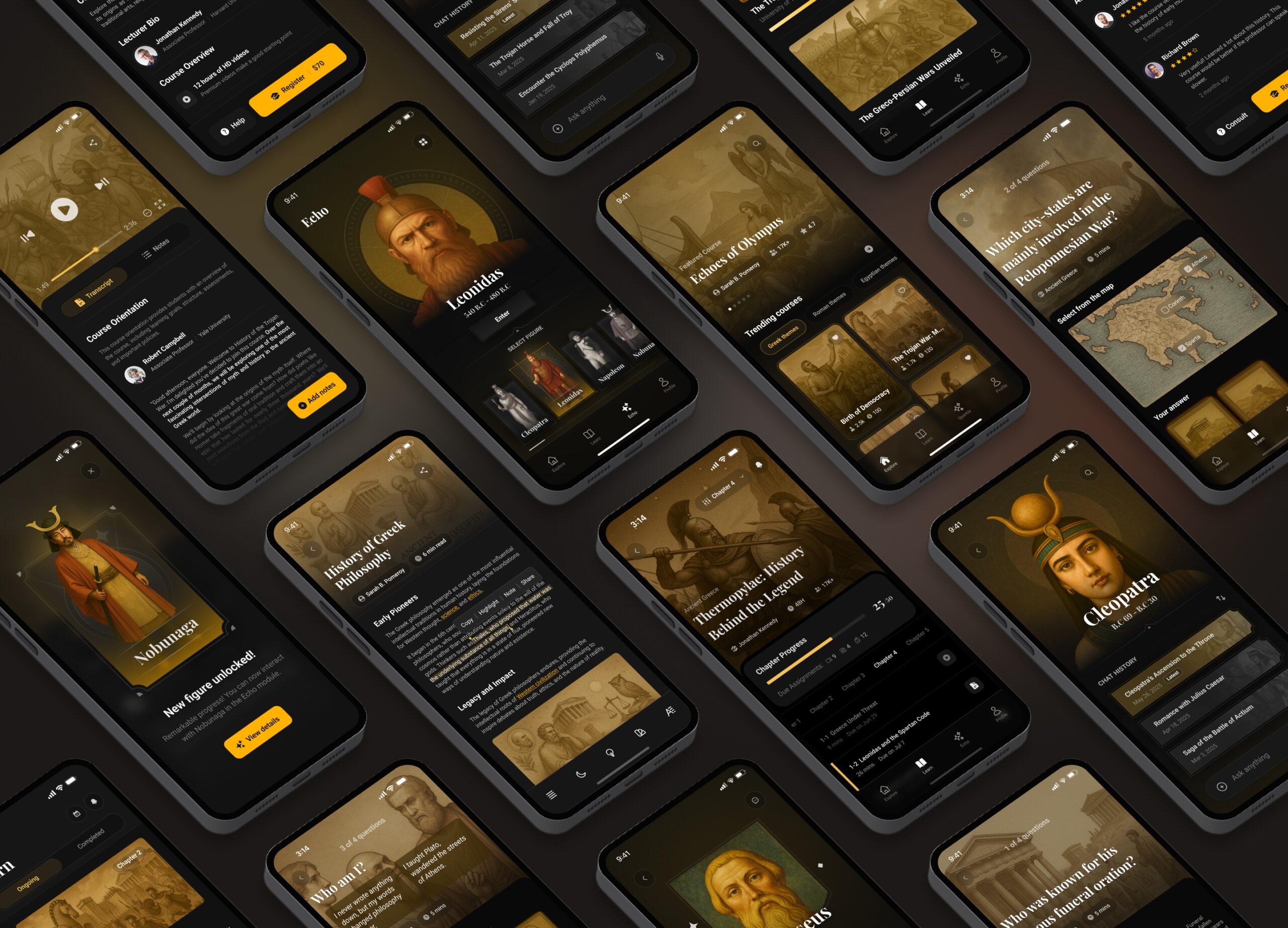 Historiq gamified learning app interface with interactive history modules