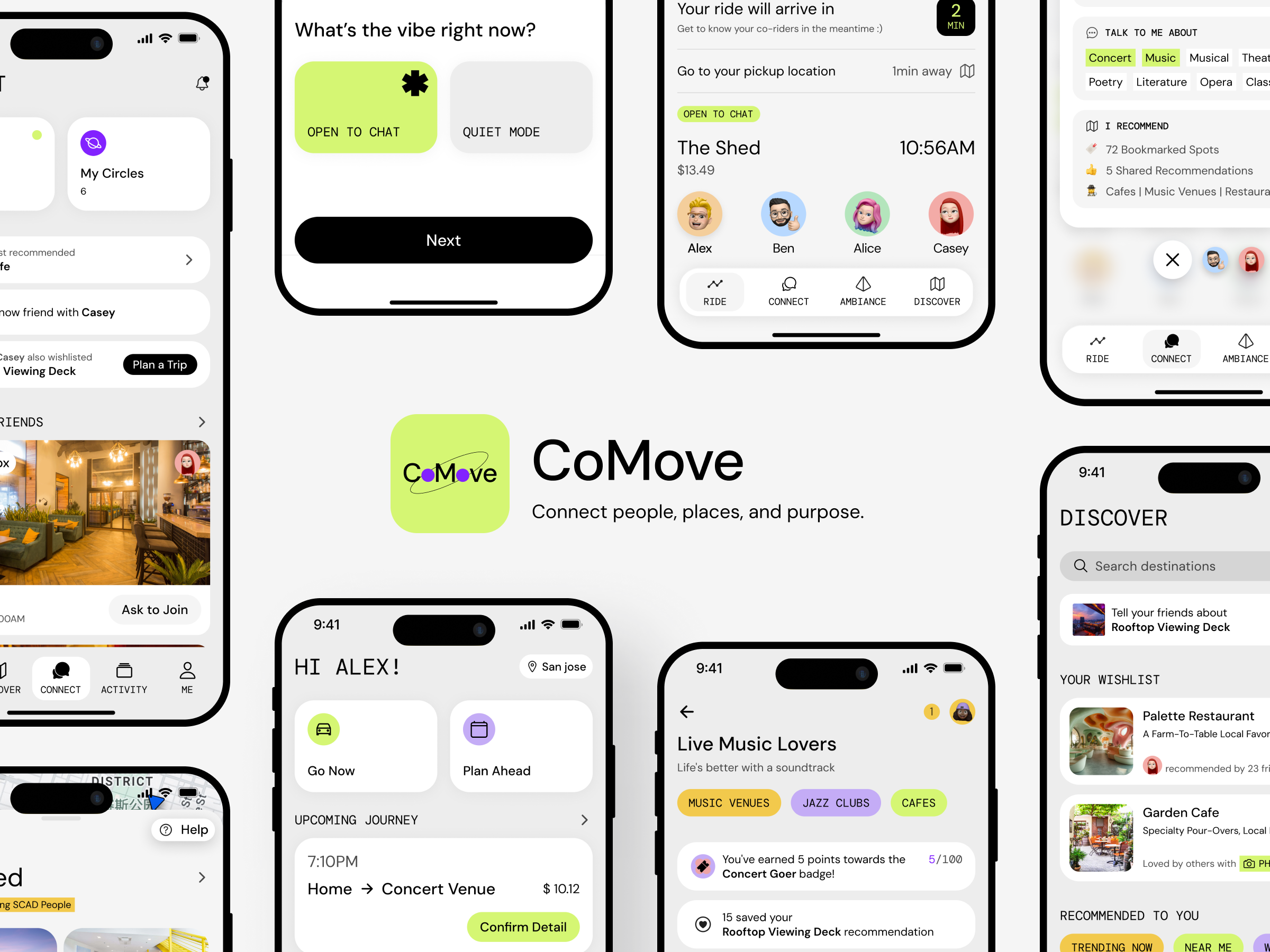CoMove app interface showing social ridesharing experience